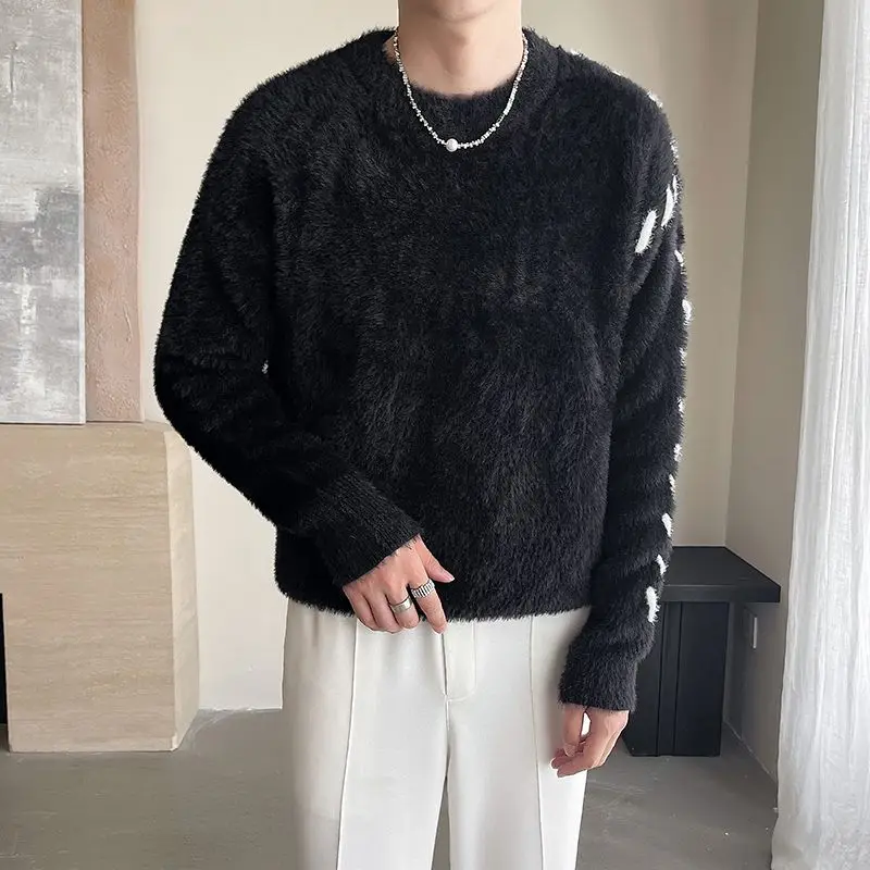 Korean Spliced Knitted Pullovers Men's Clothing Casual Solid Color Autumn Winter O-Neck Young Style Basic Long Sleeve Sweaters