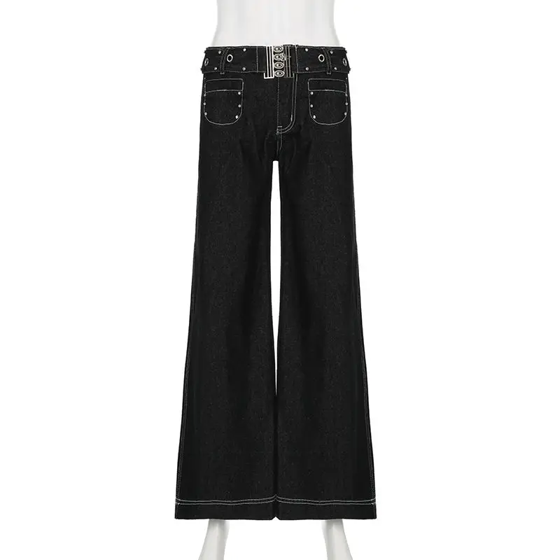 Low Rise Jeans Solid Metal Belt Harajuku Streetwear Gothic Dark Denim Trousers Oversized Floor Mopping Pants New