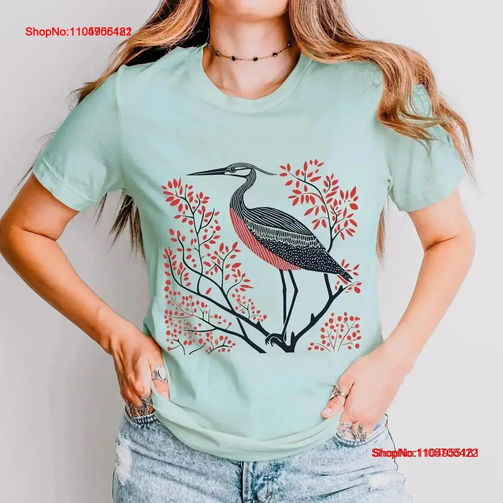 Heron T Shirt LinocuT Great Blue Bird Lover Hippy Clothes Granola Girl Antique Folk Art Avian Aviary Block PrinT vintage