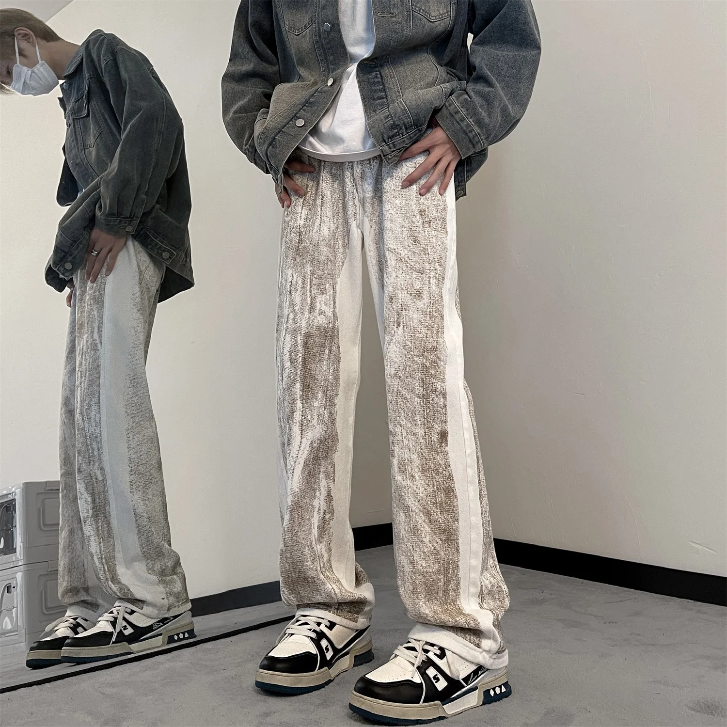 Distressed Vintage Patchwork Jeans Pants Men Casual Straight Denim Trousers Male Streetwear Fashion Jeans Black/Blue/Coffee