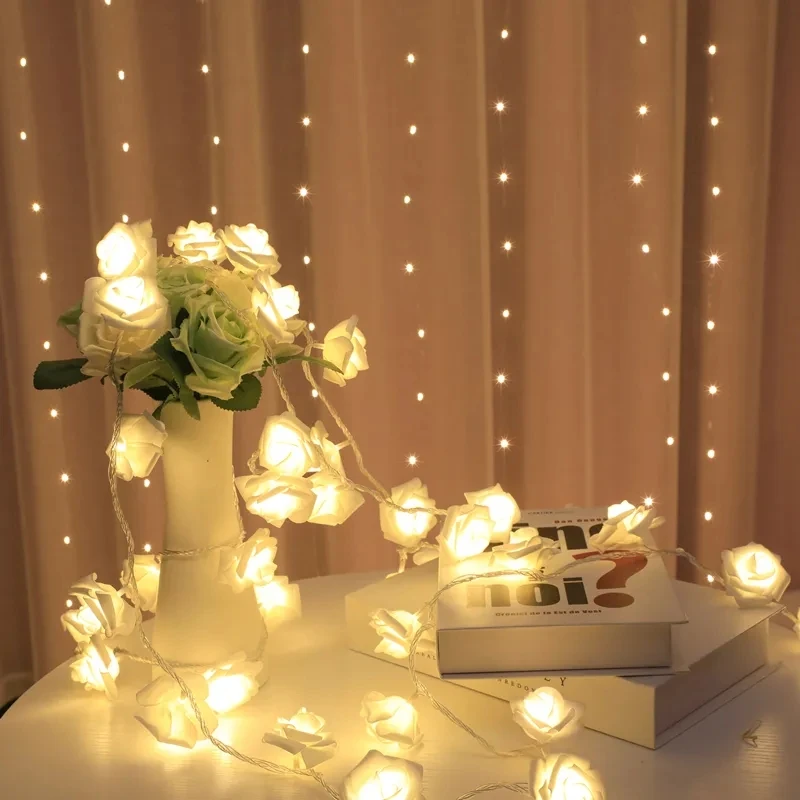 2.5M 20 LED Garland Artificial Rose Bouquet String Lights Foam Rose Fairy Lights Valentine\'s Day Christmas Wedding Decoration