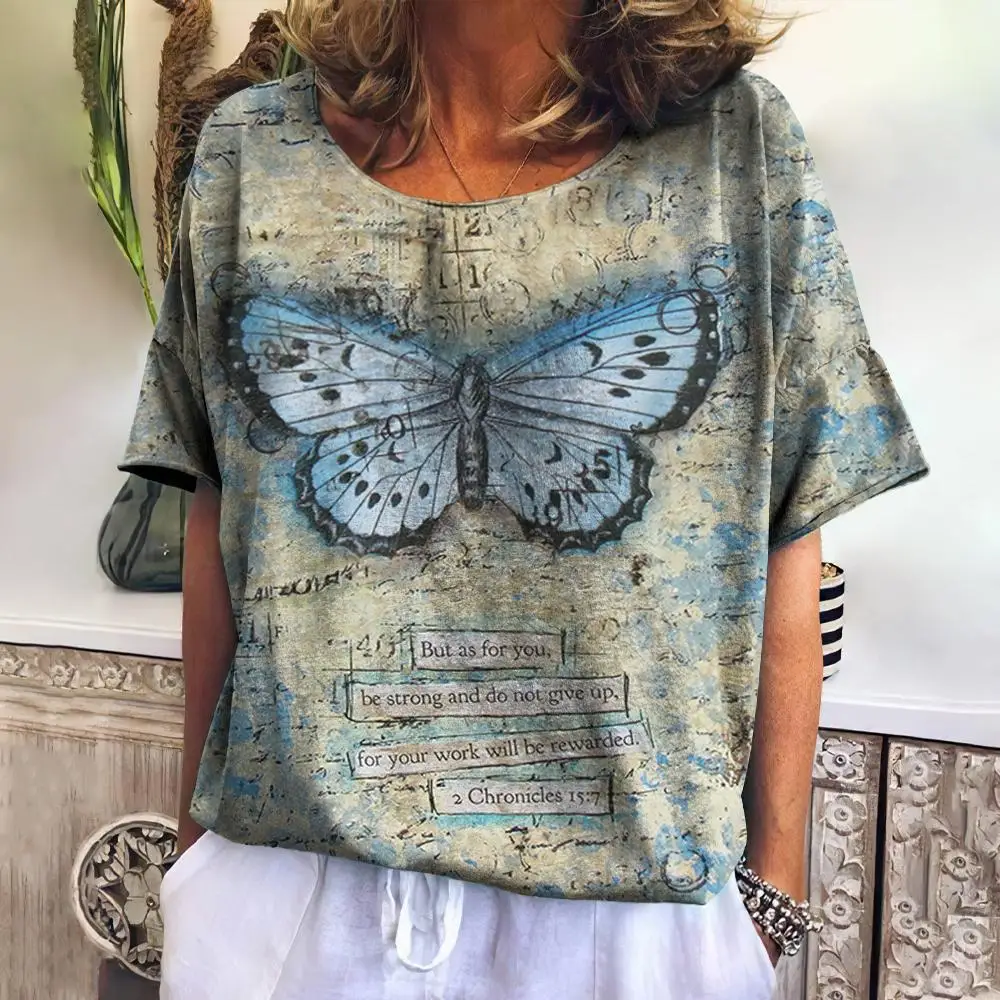 

Retro Women's T Shirt Butterfly Print Pullover Tees O Neck Short Sleeve Blouse Female Y2k Clothing Tops Summer Daily Sweatshirt