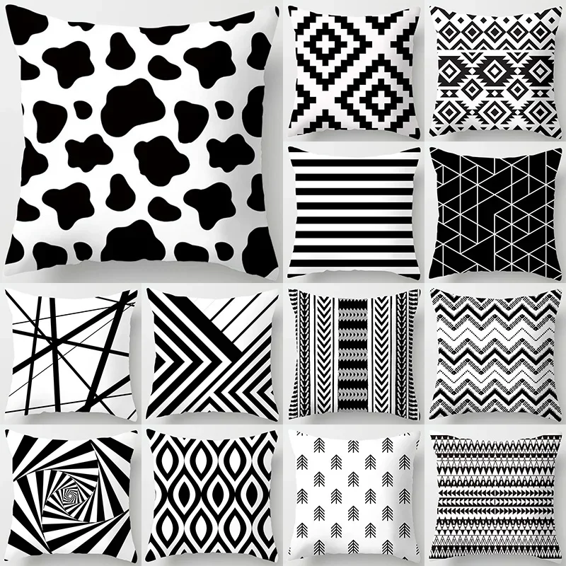 Black and White Geometric Plaid Letters Polyester Cushion Cover Throw Pillow Cart Home Decor Sofa Bed