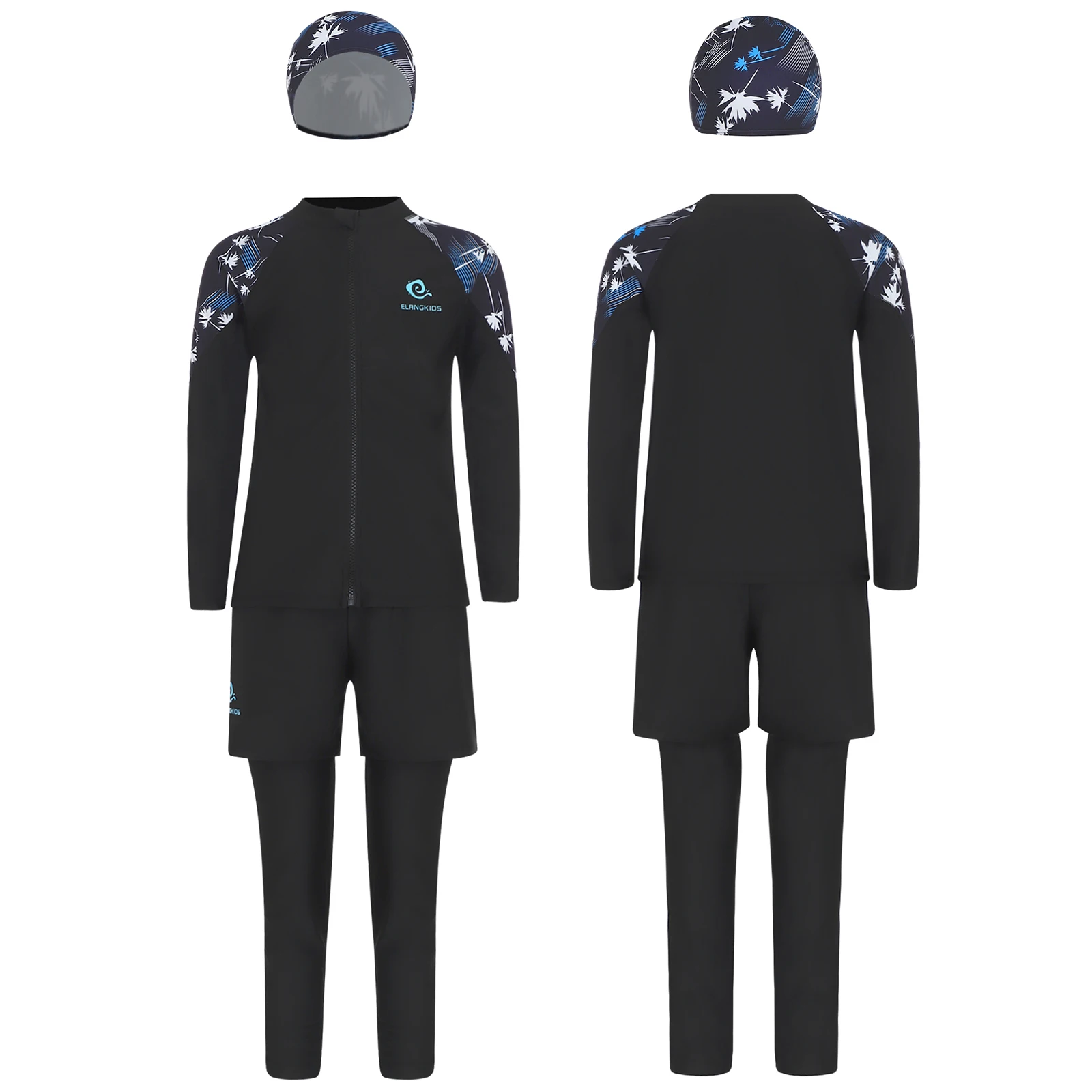 십대 소년 UPF 50 + 수영복, 서핑 래시가드 긴팔 프린트 탑, 바지 모자 포함 수영복, 해변 수영장 파티용 목욕 세트