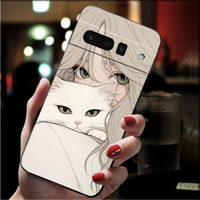 Anime Girl Woman Holding a Cat Phone Case For Google Pixel 9 Pro XL 8 7 6 Pro Pixel 8A 7A 6A 4A 3A 3XL Pixel 8 7 6 5 4