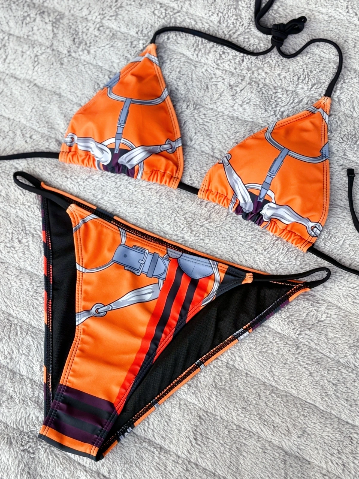 Luxury Sexy Orange Geometry Print Bikini 2 pieces Set Women Halter Elastic Thong Swimsuit Beach Bathing Suit Holiday Beachwear - Image 3