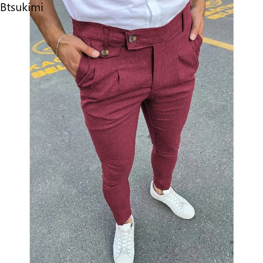 Celana Setelan Pria Baru 2025 Celana Formal Slim Fit Solid Antik Mode Celana Pensil Sosial Cocok untuk Pria Kasual Pakaian Pria