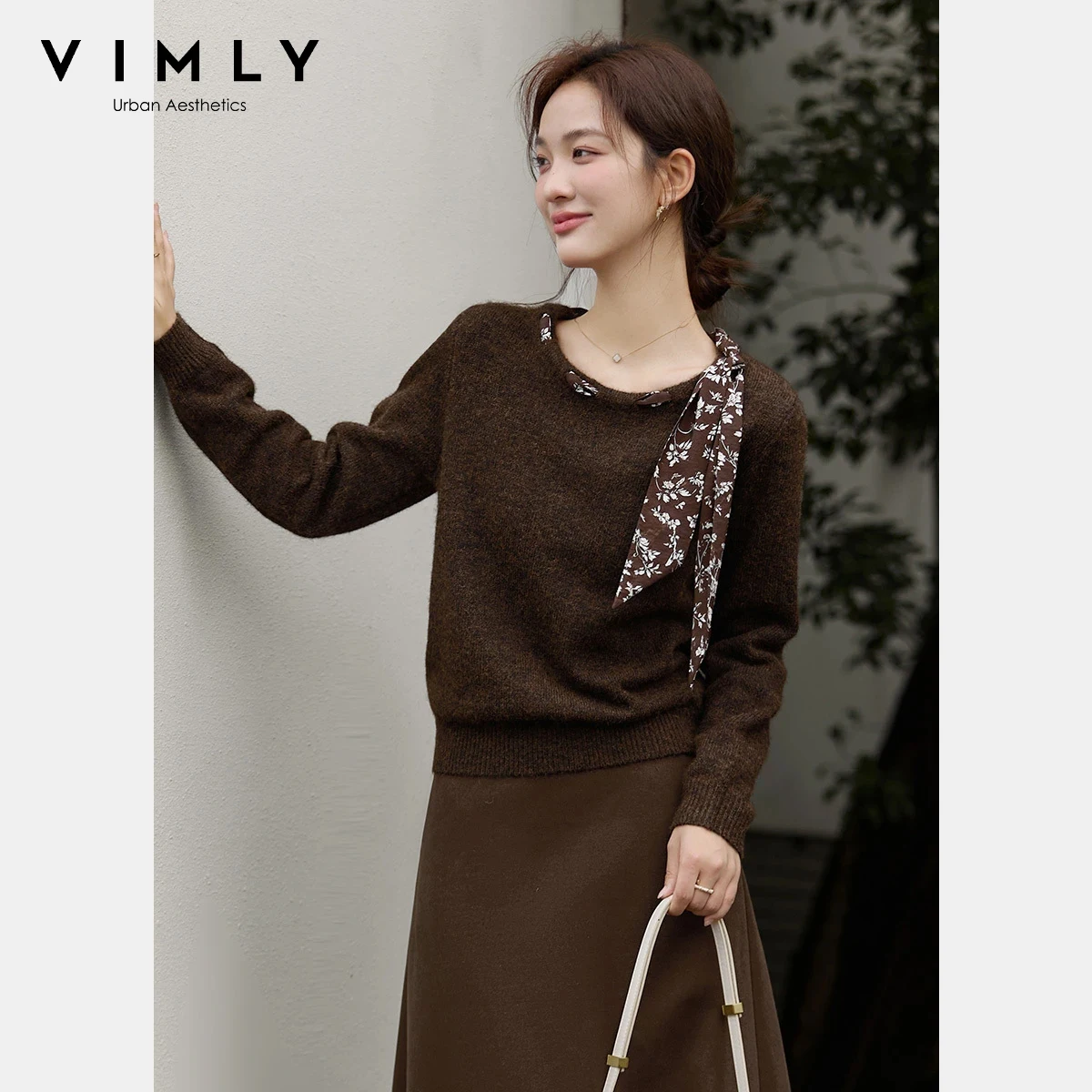 

VIMLY Woman Brown Sweater Knitted Office Lady Floral Print Scarf Round Neck Pullover Winter 2025 Elegant Long Sleeve Tops 75272