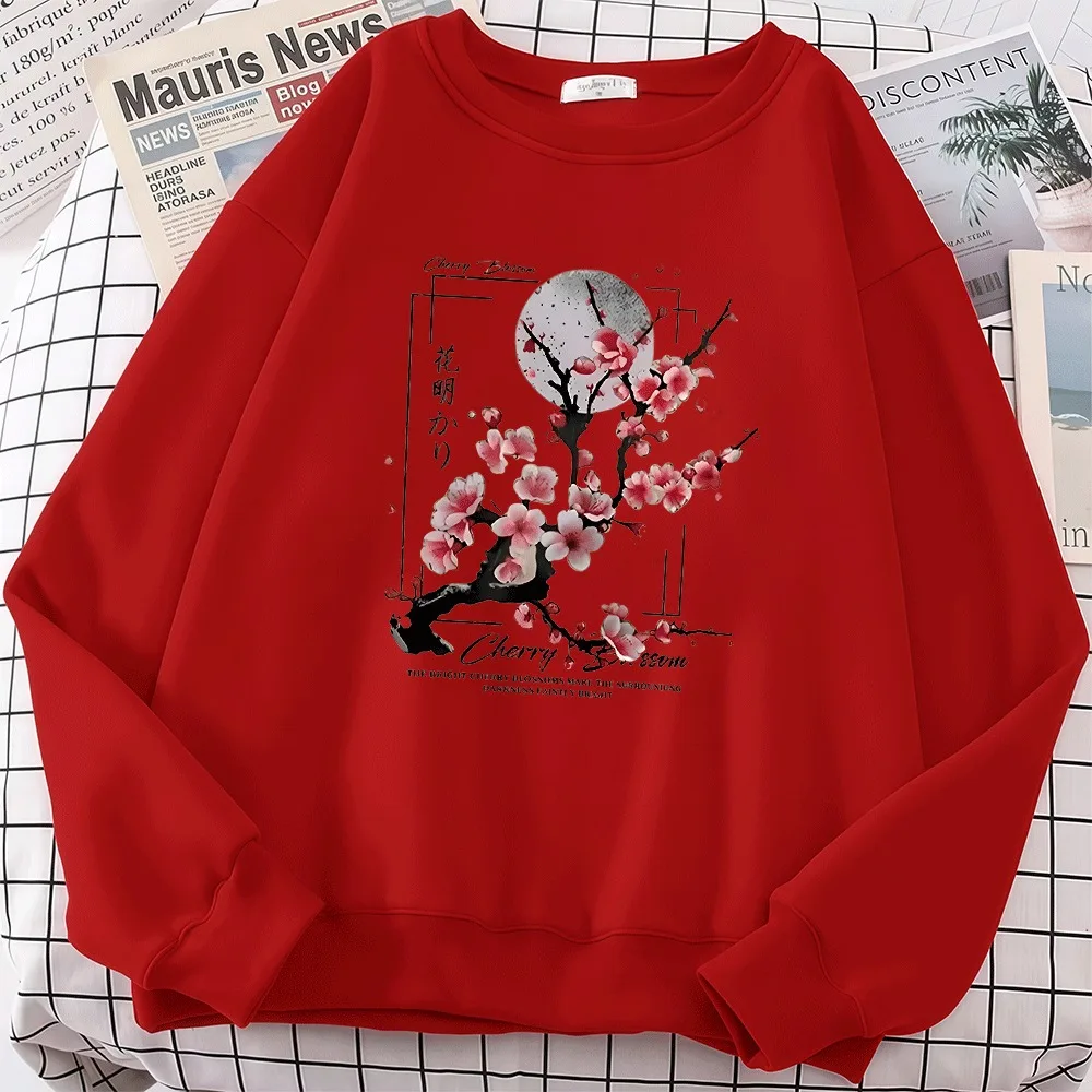 2026 frauen Hoodies Herbst Kirschblüten und Mond Gedruckt Muster Pullover Weiche Neue Hoodie Mode Sweatshirts Streetwear