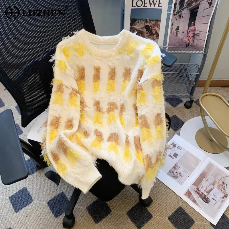 LUZHEN Fashion Original Burr Design Fleece High Quality Round Neck Knitted Pullover Women 2024 New Elegant Casual Sweater AA2794