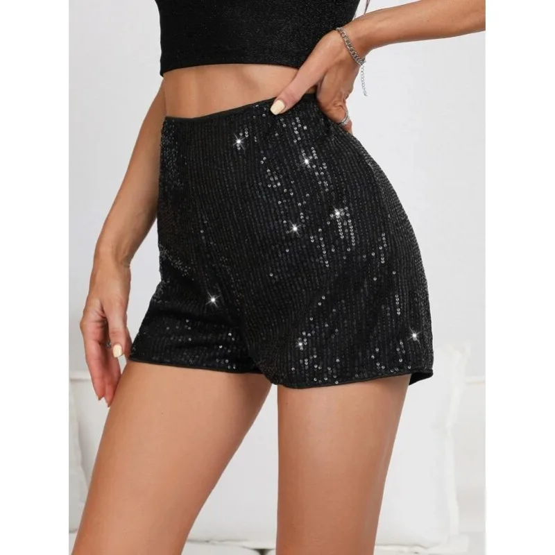 

Women's Slim Sequins Solid Black High Waist Sexy Spicy Girl Shorts Street Trendsetters Summer Female Fashion Skinny Short Pants