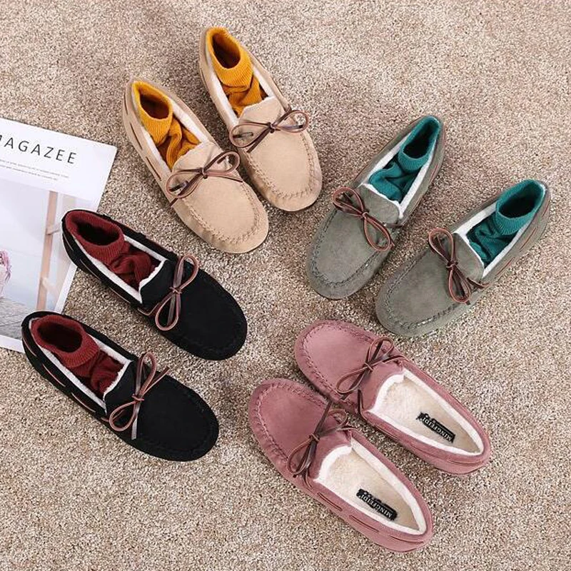 2023 Winter Cotton Fur Moccasins Woman Furry Loafers Warm Slip On Bowtie Flats Shoes Ladies Daily Work Barefoot Mocasines Femmes