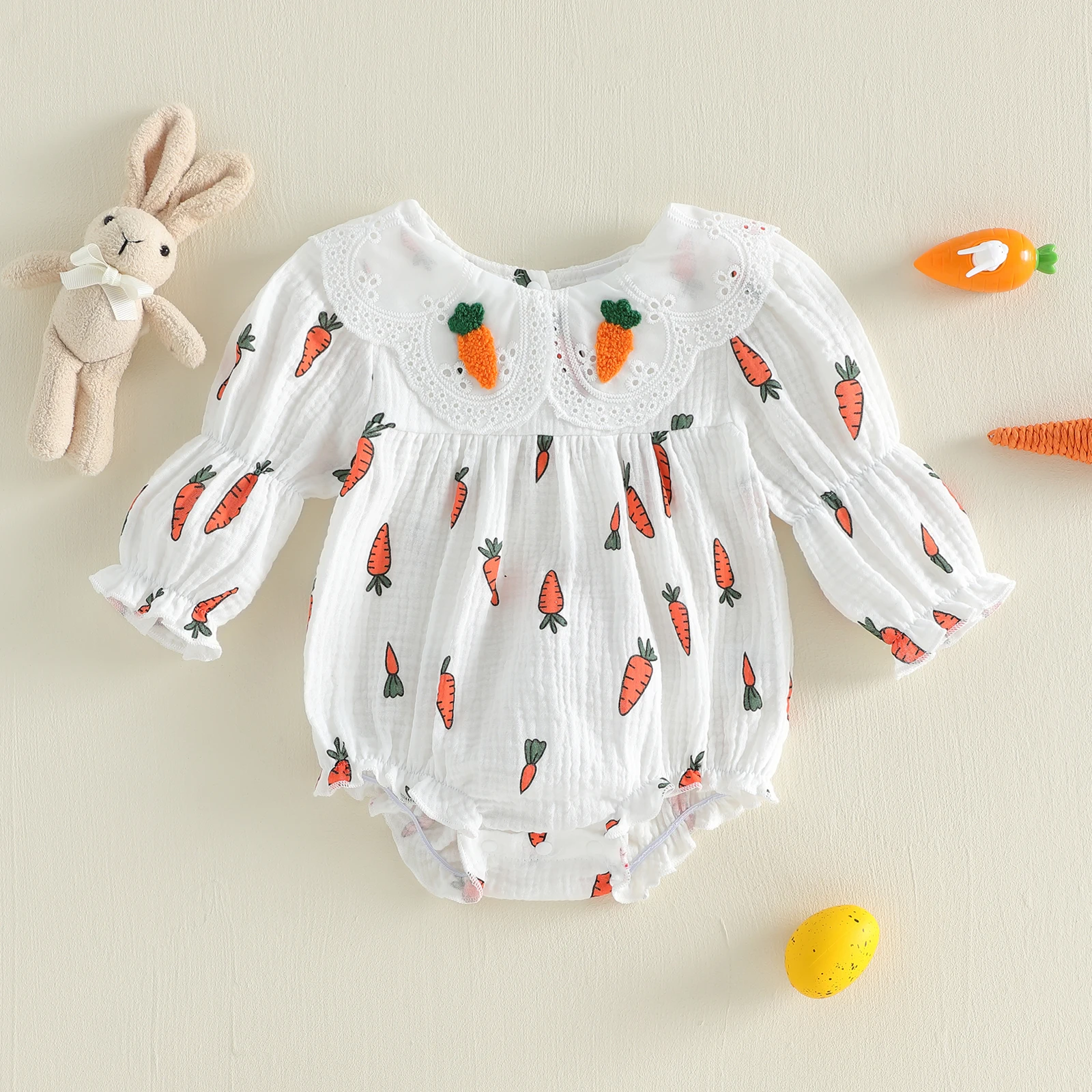 

Easter Infant Baby Girl Carrot Print Bubble Jumpsuit Kids Cotton Rompers Toddler Casual Long Sleeve Doll Collar Bodysutis