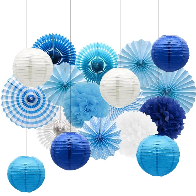 18-teiliges marineblaues Papierlaternen- und Fächer-Set zum Aufhängen von Partyzubehör, weiße Hochzeits-Seidenpapier-Pom-Poms und Luftschlangen, Baby-Brautparty, Bachelorette-Abschluss-Hängedekoration