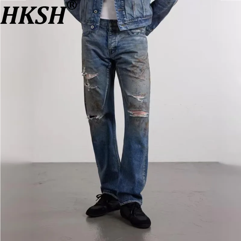 HKSH Spring New Men's RO High Street Washed Ripped Hem Jeans Vintage Distressed Casual Flared Loose Straight Denim Pants HK27198