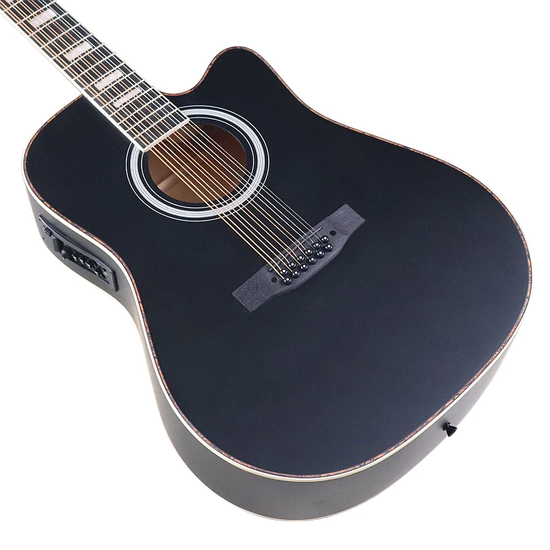 Black Color 12 String Electric Acoustic Guitar Cutaway Design 41 Inch Full Basswood Body Matte Finish Folk Guitar