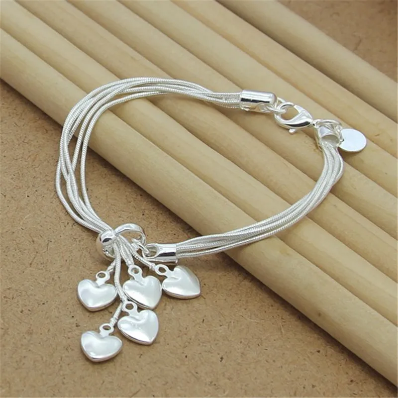 

Wholesale 925 Sterling Silver Bracelet Hook Five Heart High Quality Fine Jewelry Accessories Silver Charm Bracelets for Women
