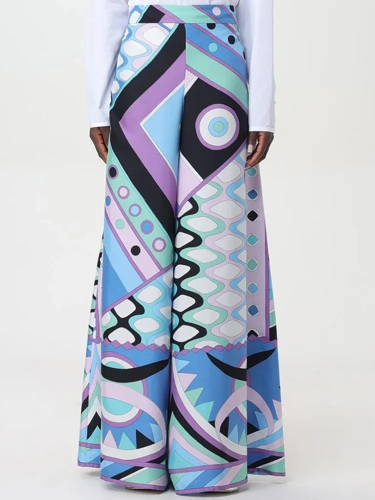 Spring Summer Fashion Outdoors Daily Casual Vintage Geometric Print Wide Leg Pants Women's Middle Waist Slim Loose Trousers