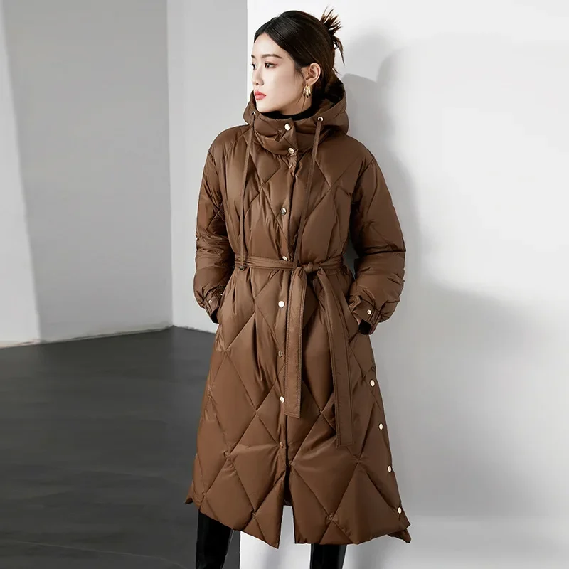 

Women 90% White Duck Down Hooded Coats Side Slit Thickened Coffee Puffer Jacket 2024 Winter Long Over-the-knee Overcoats Belt