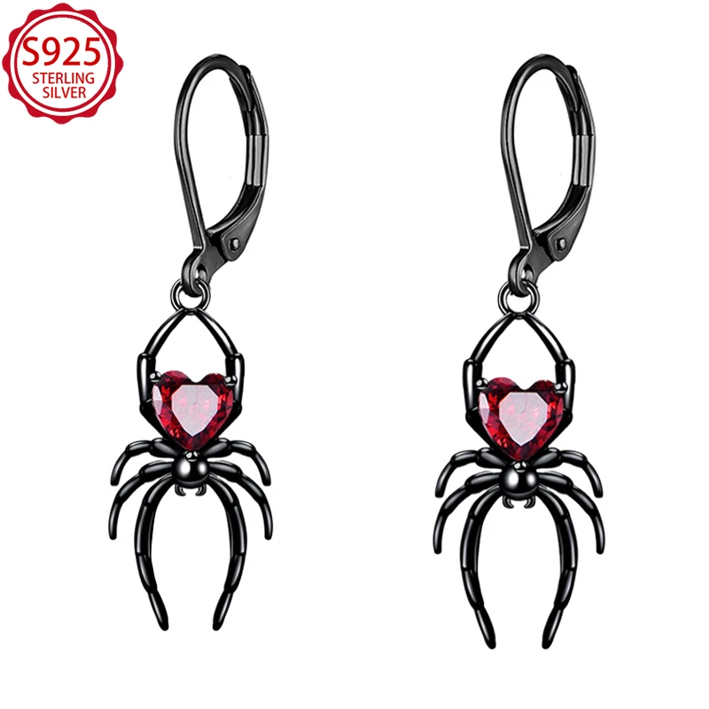 

Серьги-подвески из стерлингового серебра 925 пробы с черным пауком и красным сердцем CZ, готические украшения для Хэллоуина, подарок на день рождения для женщин