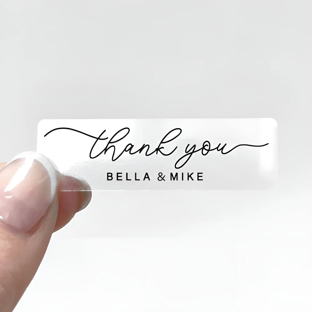 

50pcs Custom Rectangular Wedding Stickers, Thank You Sticker Label Custom Name Stickers, Transparent Wedding Sticker
