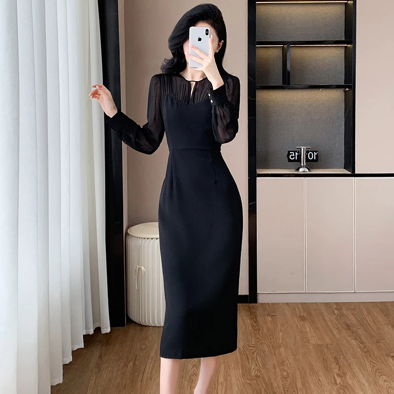 French Elegant Black See Through Long Sleeved Dress For Women Autumn New O-Neck Waist Slimming Chiffon Casual Long Skirt