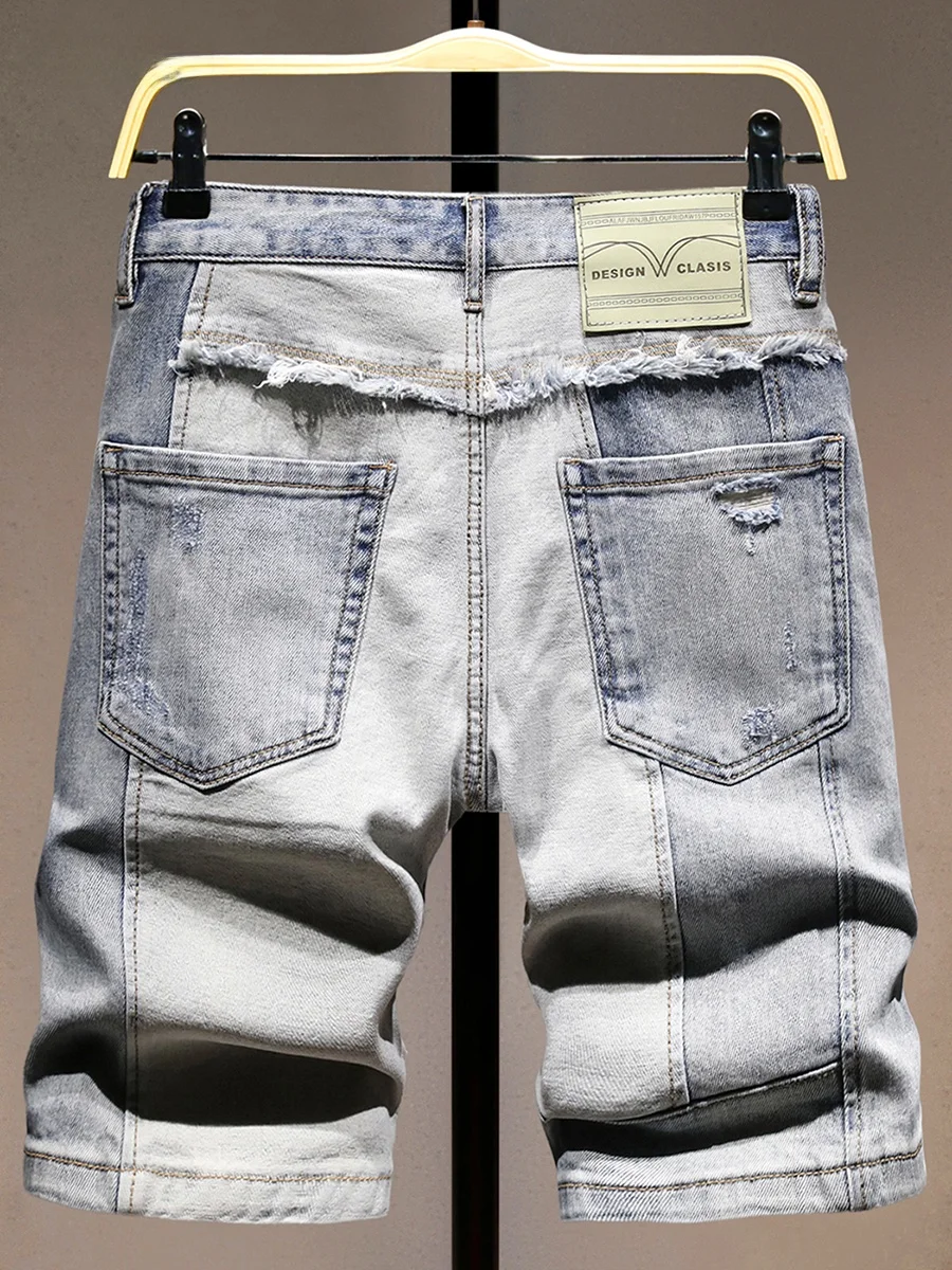 

Модные мужские джинсовые шорты премиум-класса с эффектом потертости, зауженного кроя, летние, новые, стильные, с пэчворком, укороченные (до колена)