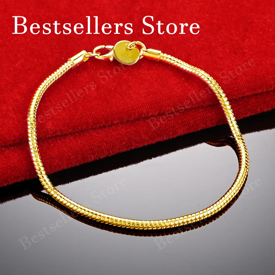 925 Sterling Silver 18K Gold Plated 3MM Simple Snake Chain Bracelet Men Women Fashion Wedding Party Jewelry