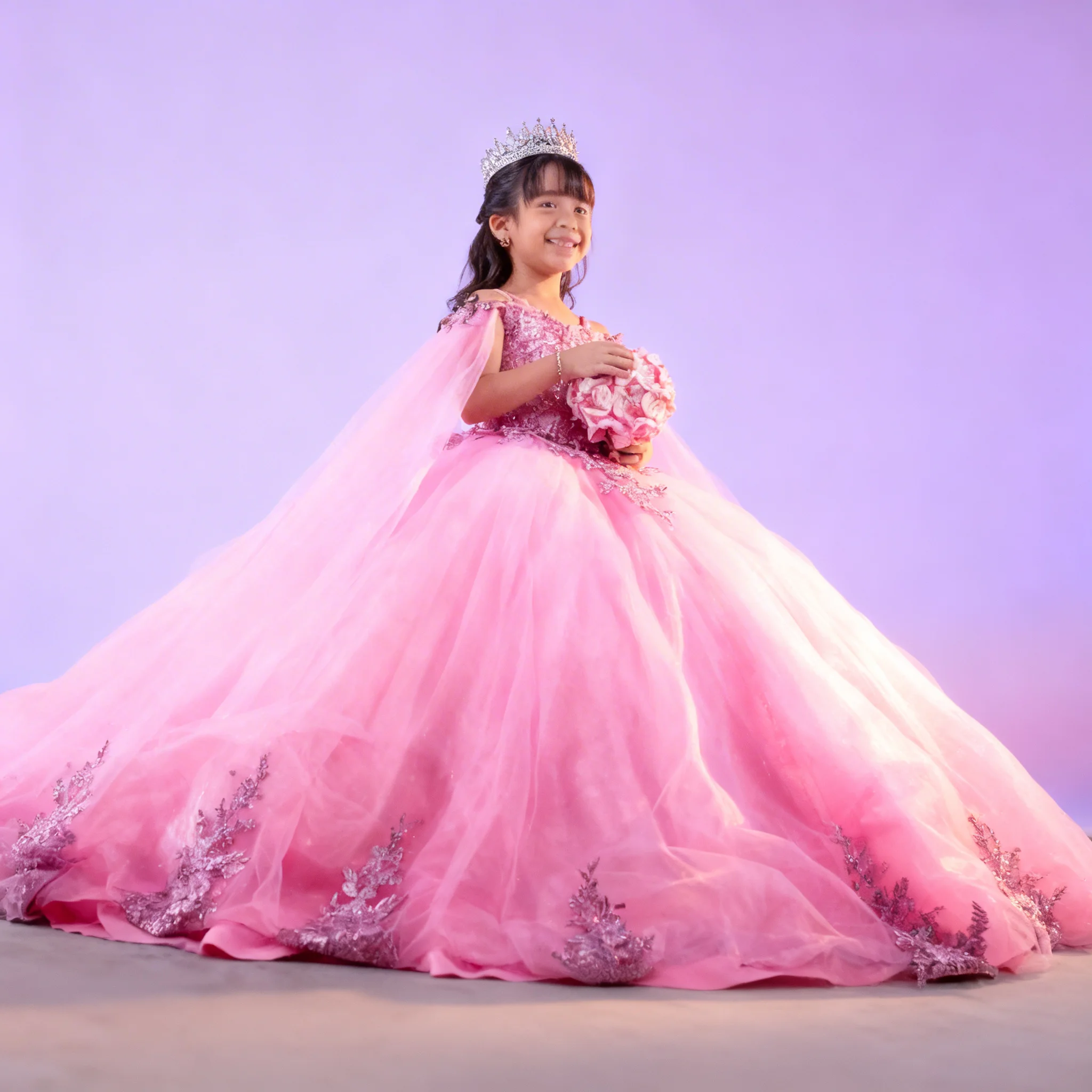 Customized Pink Flower Girl Dresses for Shawl Floor Wedding Appliques TulleLength Elegant Quinceanera Kids Birthday Party Gown