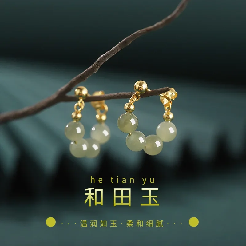 

Fashion Ethnic Chinese Style Hotan Jade Beads Agate Hoop 925 Silver Earrings for Women Party Girlfriend Birthday Gift