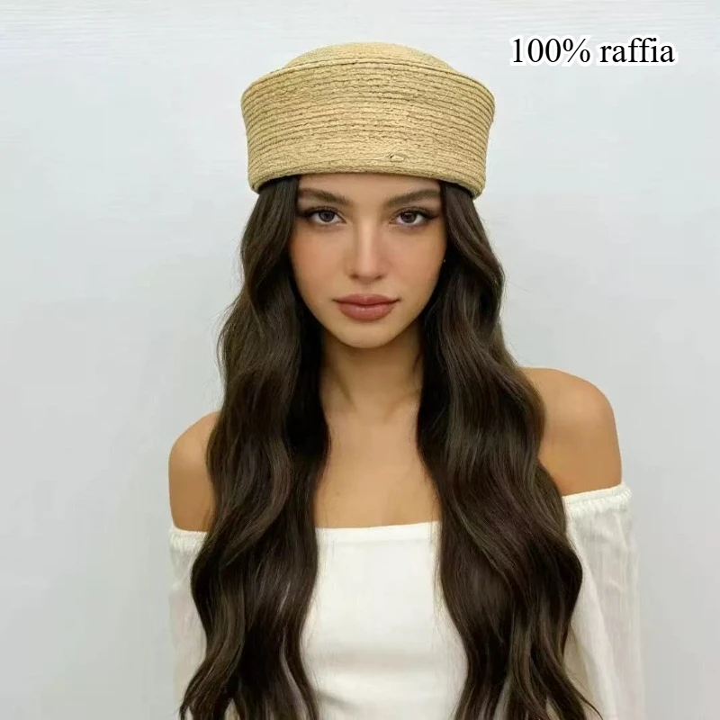 

100% Raffia Flat Fedoras Hat Straw Pillbox Hat for Women Summer Beach Berets Vacation Cap Medicine Summer Travel Accessory