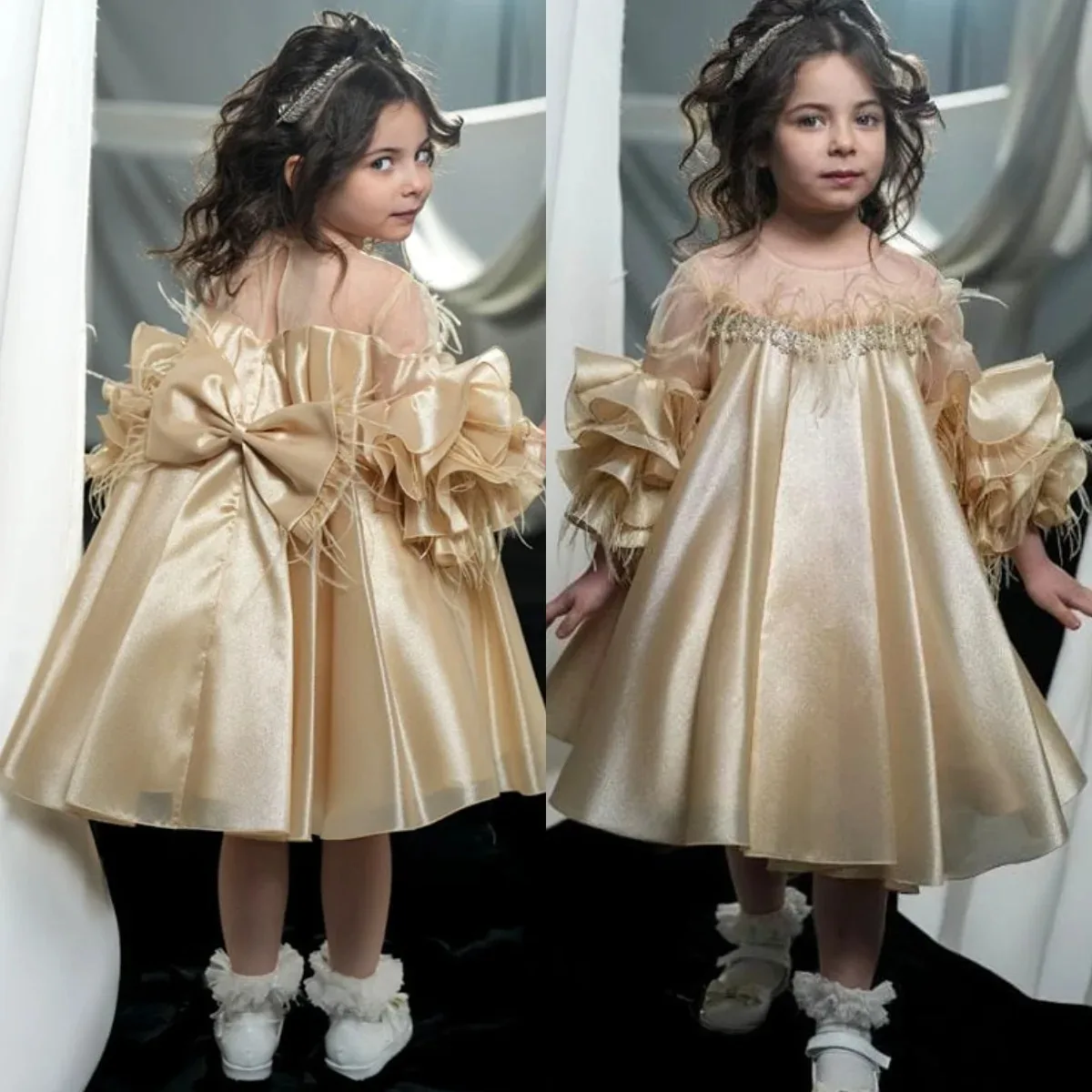

Champage Flower Girl Dress For Wedding with Bow Feather Full Sleeves Girl Birthday Party First Holy Communion Gown Customized