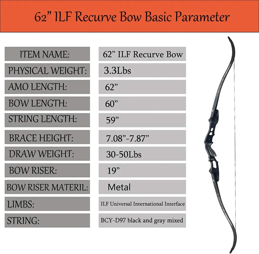 TBOW 62 ILF Archery Recurve Bow American Take Down Bow Aluminum Alloy Riser IBO 210FPS Outdoor Hunting Shooting Accessories