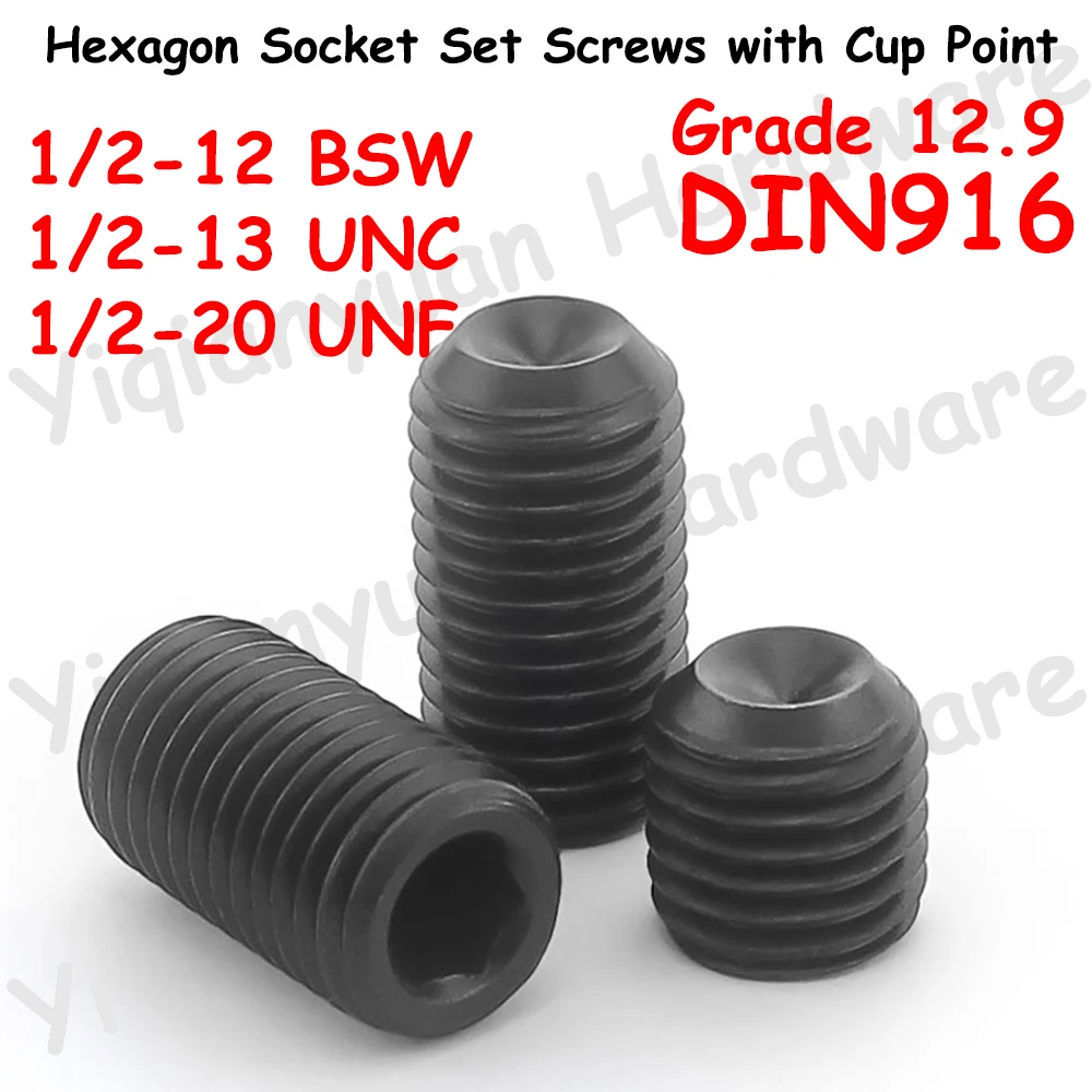 

Yiqianyuan 1/2-12 BSW 1/2-13 UNC 1/2-20 UNF DIN916 Grade 12.9 Alloy Steel Hexagon Socket Set Screws Cup Point Headless Grub Bolt