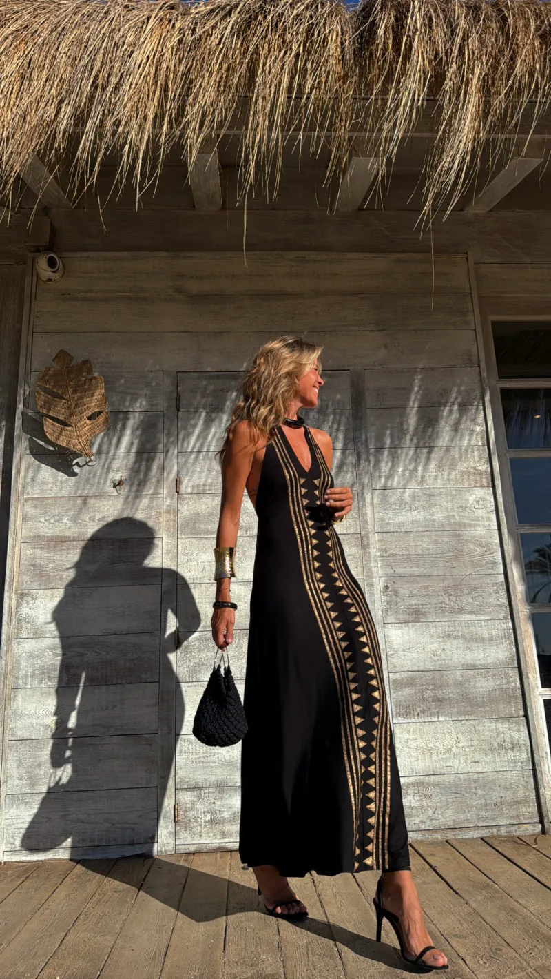 

2025 New Fashion Printed Backless Sleeveless Dress Women Summer Sexy And Elegant V-neck Strappy Long Dresses For Women