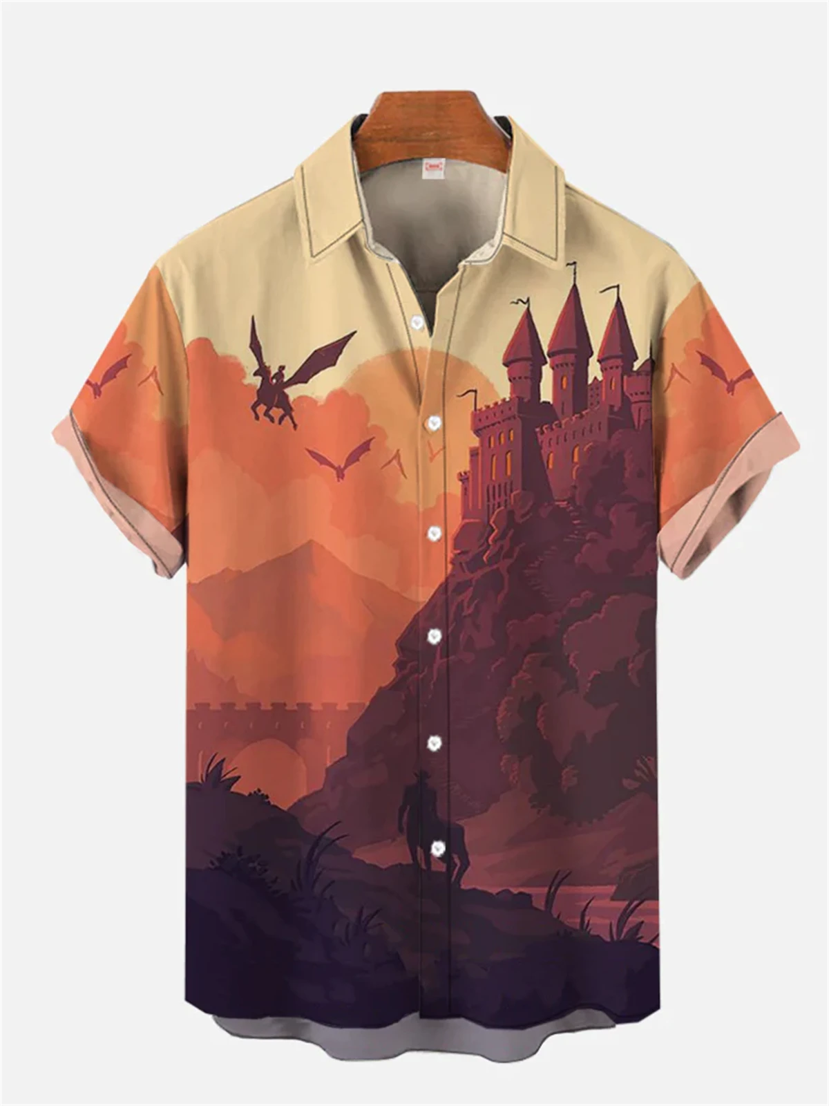 

Men's short-sleeved shirt beach casual castle print men's lapel top comfortable large size men's shirt summer new style