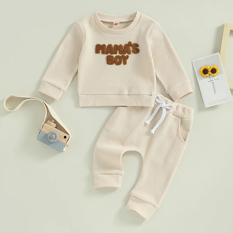 

Suefunskry Toddler Boy Waffle Fall Clothes Fuzzy Letter Embroidery Long Sleeve Pullover Elastic Waist Pants 2Pcs Casual Outfit