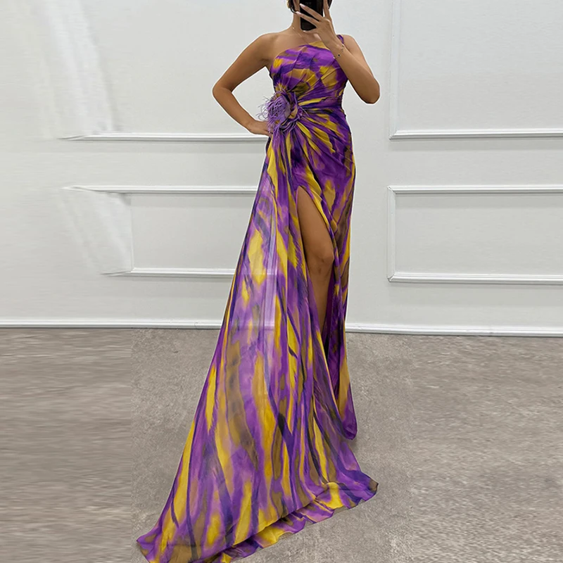 Elegant Floral Print Hight Waist Long Party Dress Fashion Split Women Evening Dress Sexy Diagonal Collar Pleated Chiffon Dresses