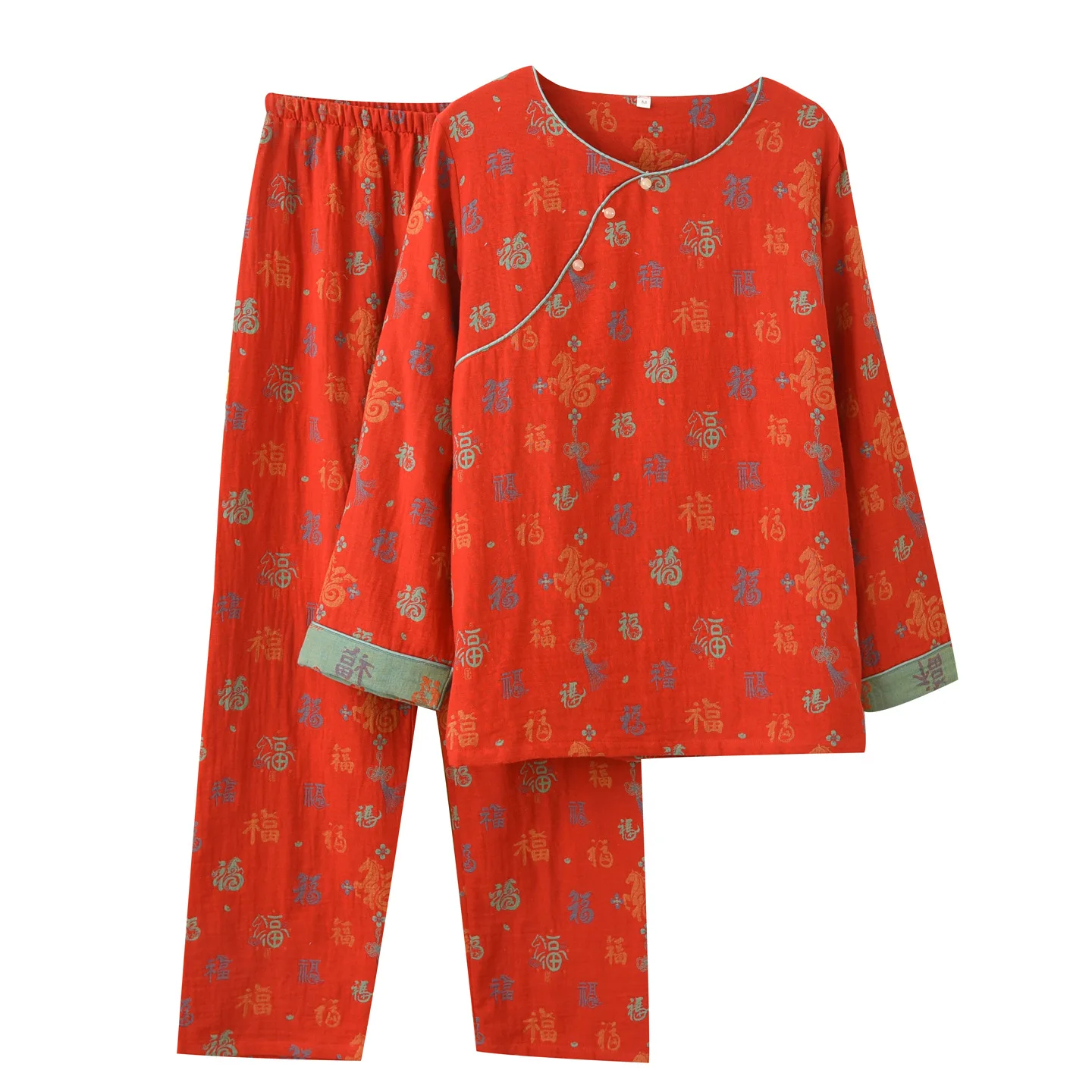 

Красный хлопковый двусторонний жаккардовый пижамный комплект с длинными рукавами, тонкая женская домашняя одежда