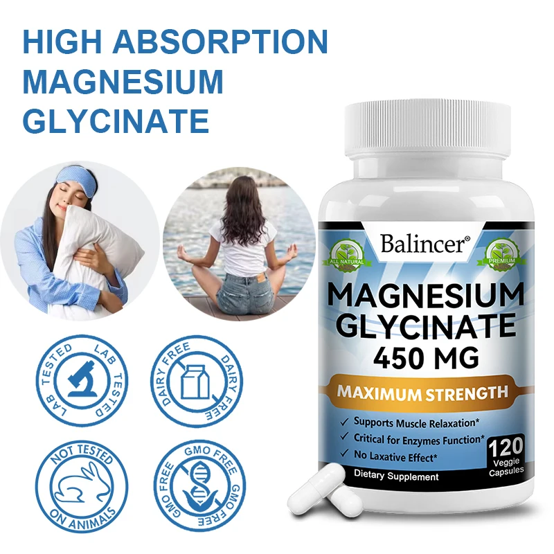 Magnesium Glycinate Supplement 450 Mg, Highly Absorbed, for Women and Men, Muscle, Enzyme Function, Non-GMO Vegetable Capsules