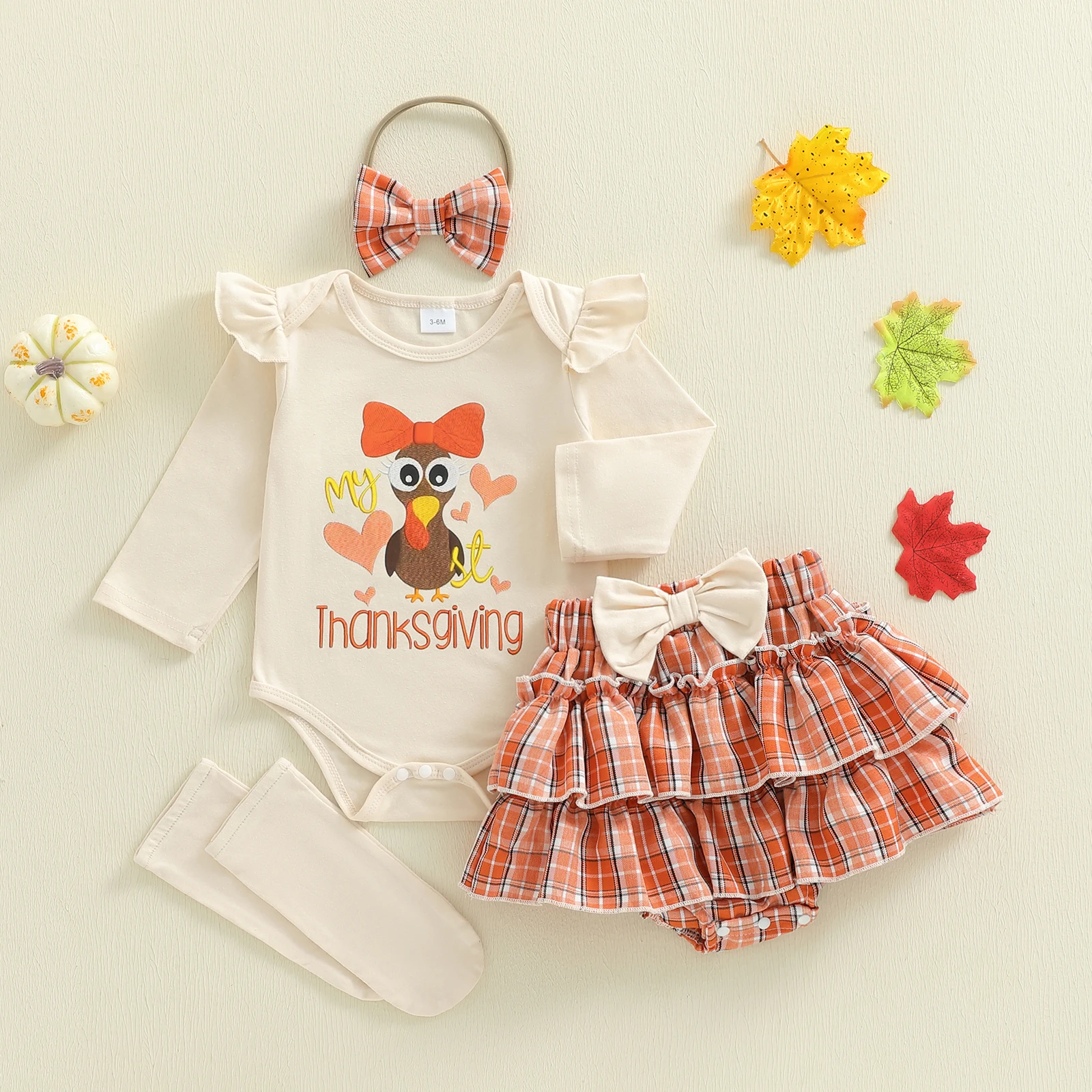

Baby Girl Thanksgiving Outfit Turkey Print Romper Plaid Layered Mini Skort Stockings Bow Headband Four Pieces Set for Fall