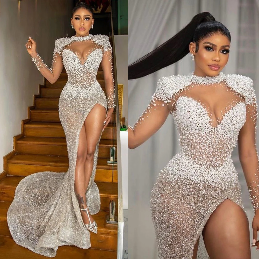 

Sexy Mermaid Wedding Dresses For Women Pearls Bridal Gown High Collar Split Side Skirt Long Sleeves Dress Custom Made