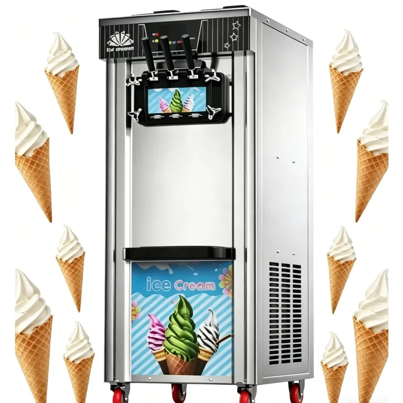 New Vertical 3-Flavor Soft Serve Ice Cream Machine Korean-style Mango Ice Cream Cone Filling Machine Stainless Steel 1300W Motor