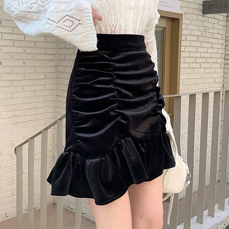 Velvet In Autumn And Winter Solid A-Line Mini Hem Ruffles New Chic Ruched All-Match High Waist Hot Selling Lovely Girls Elegant