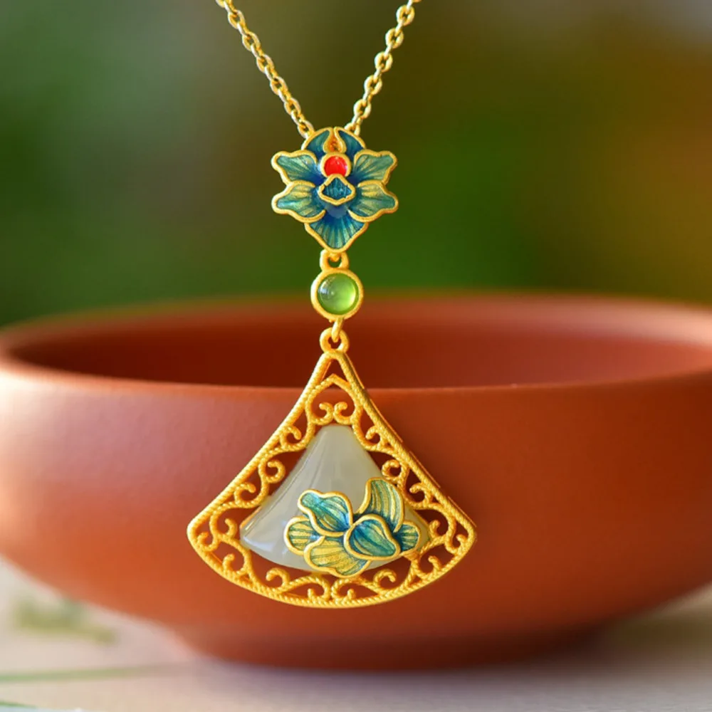 

GL Chinese-style Cheongsam Hanfu Jade Pendant, Ancient Style Silver Gold-Plated Cool Enamel Cloisonné Shell Hetian Jade Necklace