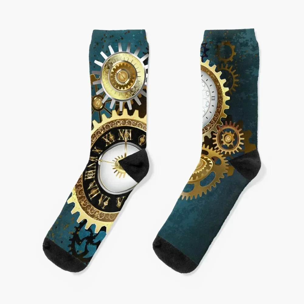 

Two Steampunk Clocks with Gears Socks loose moving stockings Run Socks Men's Women's