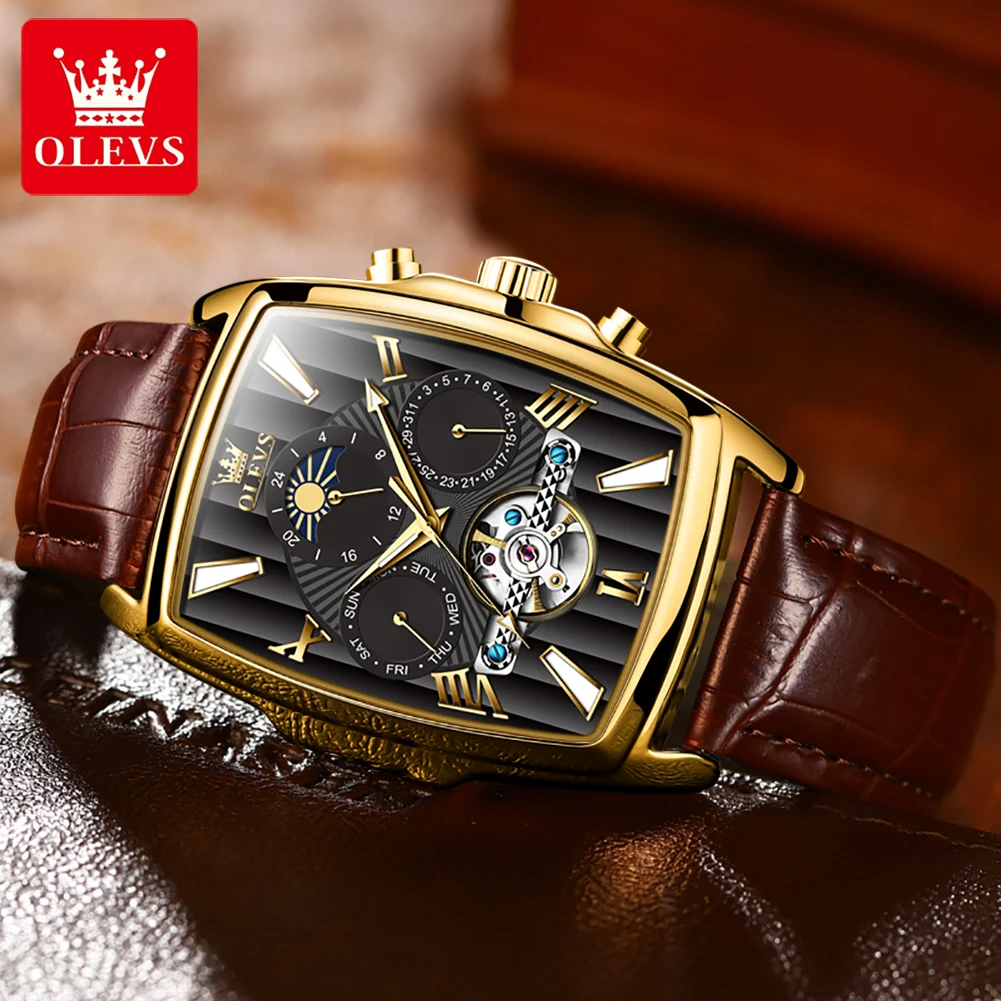 OLEVS 6675 Original Automatic Men's Watches Luxury Brand Square Dial Moon Phase Hollowed Flywheel Mechanical Wristwatch for Man