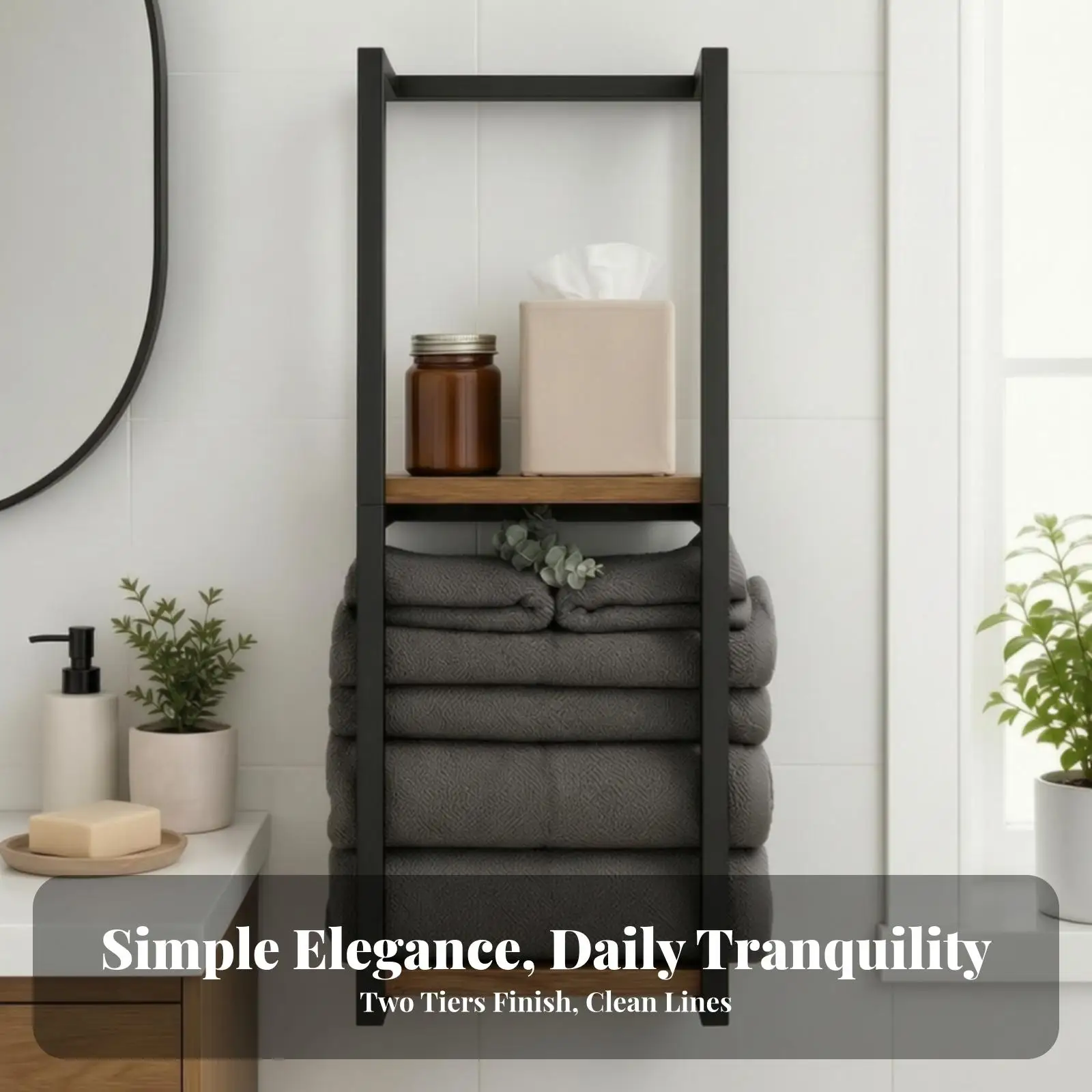 Black Towel Rack with Shelf for Bathroom Organization Vertical Storage Unit Holder