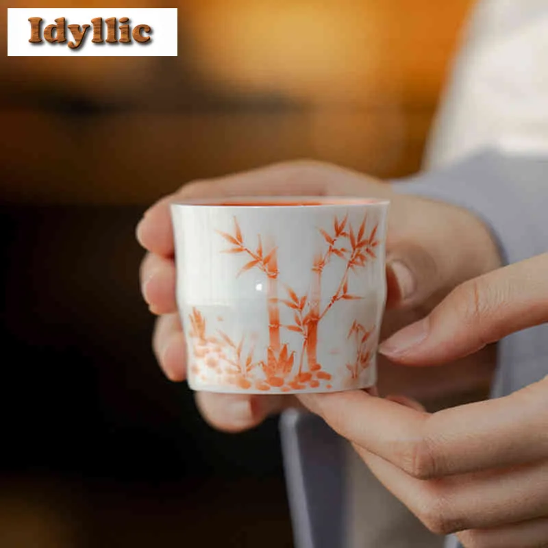 

2pc/lot Hand-painted Underglaze Color Bamboo Teacup Zen Tea Bowl Mug Tea-tasting Fragrance Cup Chazhan Master Cups Teaset 90ml