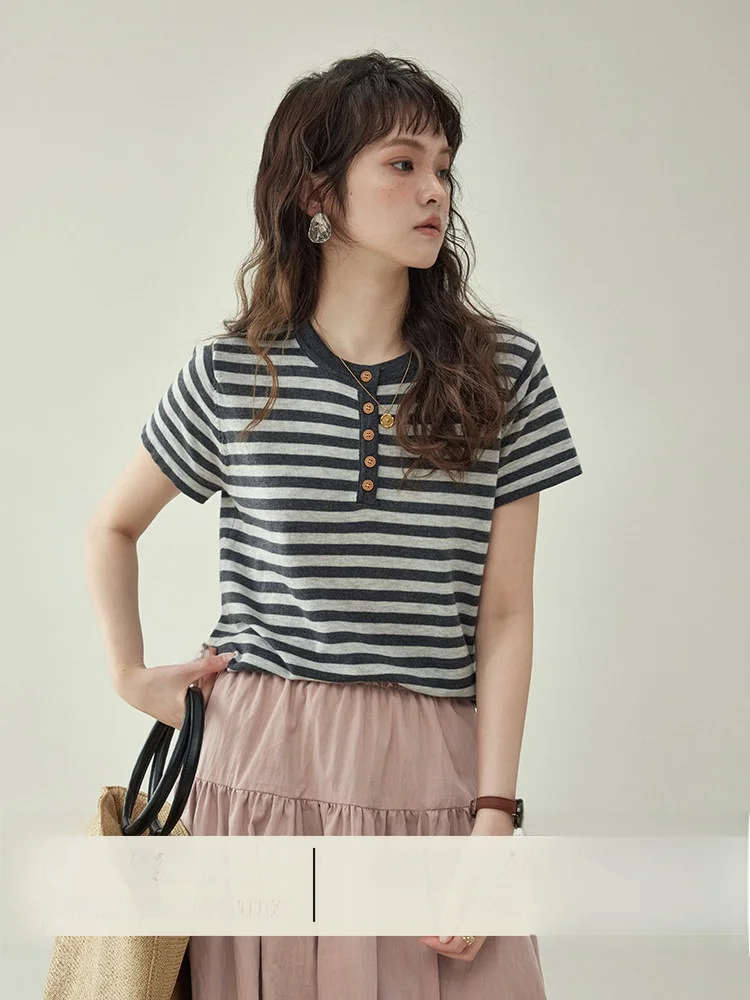 Camiseta de punto AMUU North Island retro a rayas con cuello redondo y manga corta para mujer, estilo casual, holgada, adelga...